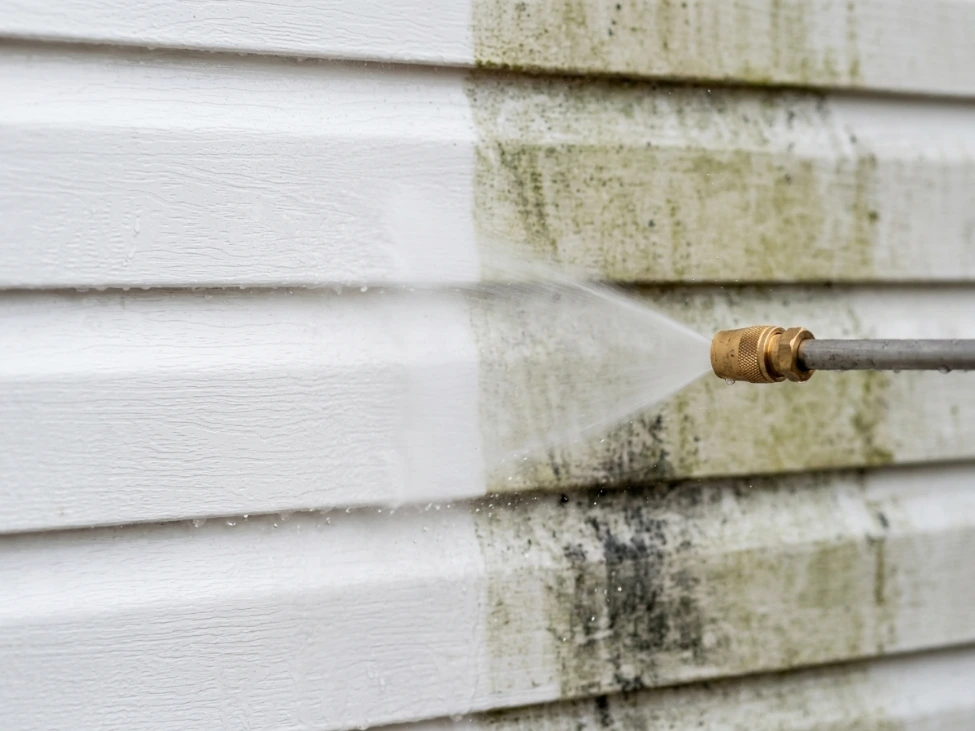 Siding with grime and algae being cleaned.