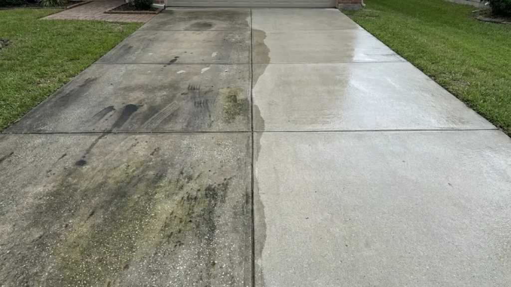 Before and after driveway pressure washing showing stained concrete cleaned to a bright finish.