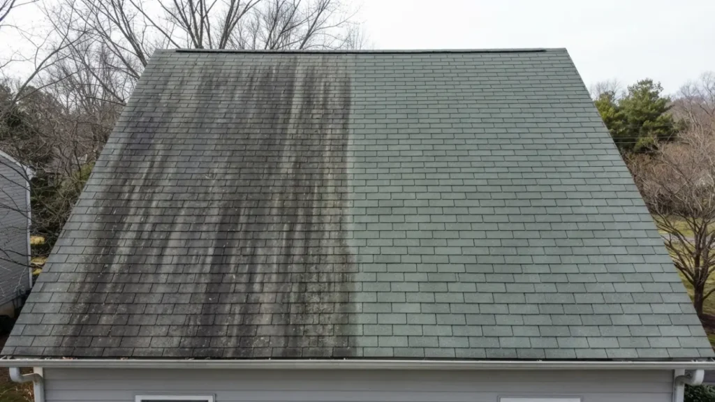 Before and after roof cleaning showing dark algae stains removed from asphalt shingles