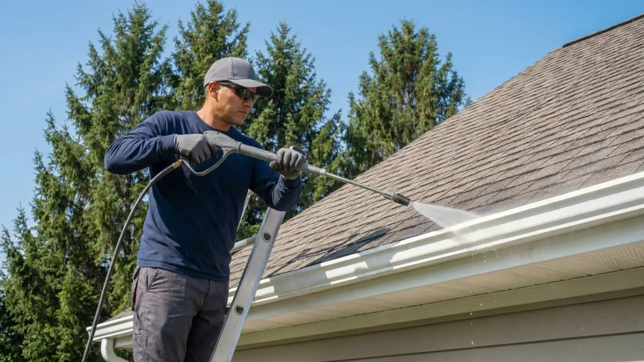 Residential gutter cleaning service rinsing gutters and with soft wash equipment.