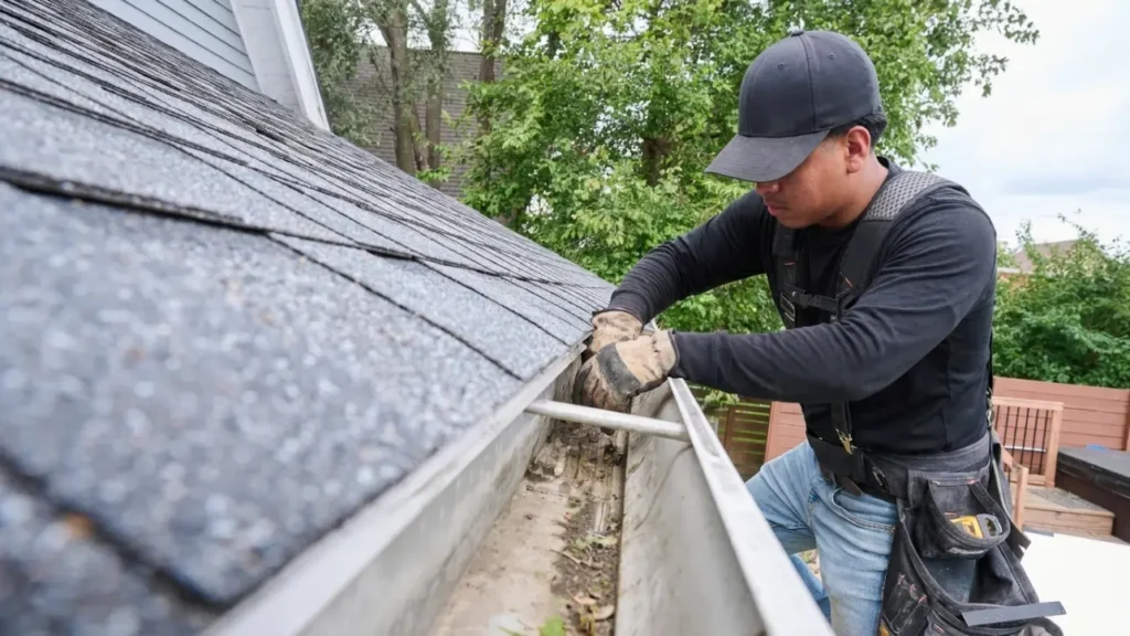 Professional gutter cleaning service removing debris from residential gutters.